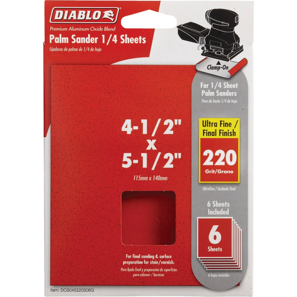Smooth Diablo Clamp-On 220 Grit 4-1 2 In. x 5-1 2 In. 1 4 Sheet Power Sanding Sheet 6-Pack Crafted