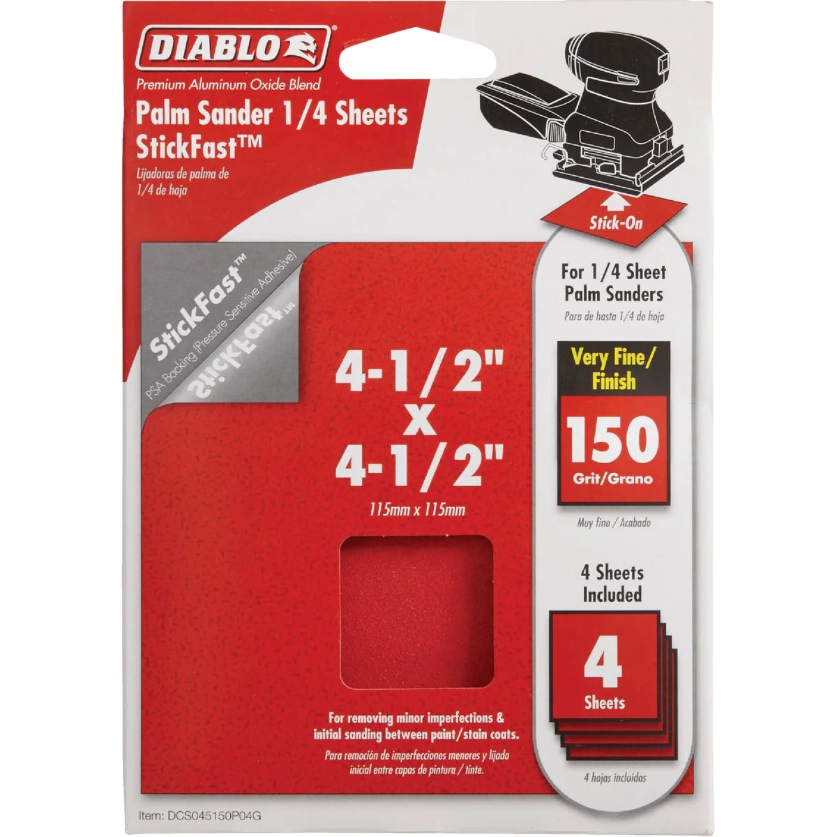 Organic Diablo StickFast 150 Grit 4-1 2 In. x 4-1 2 In. 1 4 Palm Sander Power Sanding Sheet 4-Pack Elite