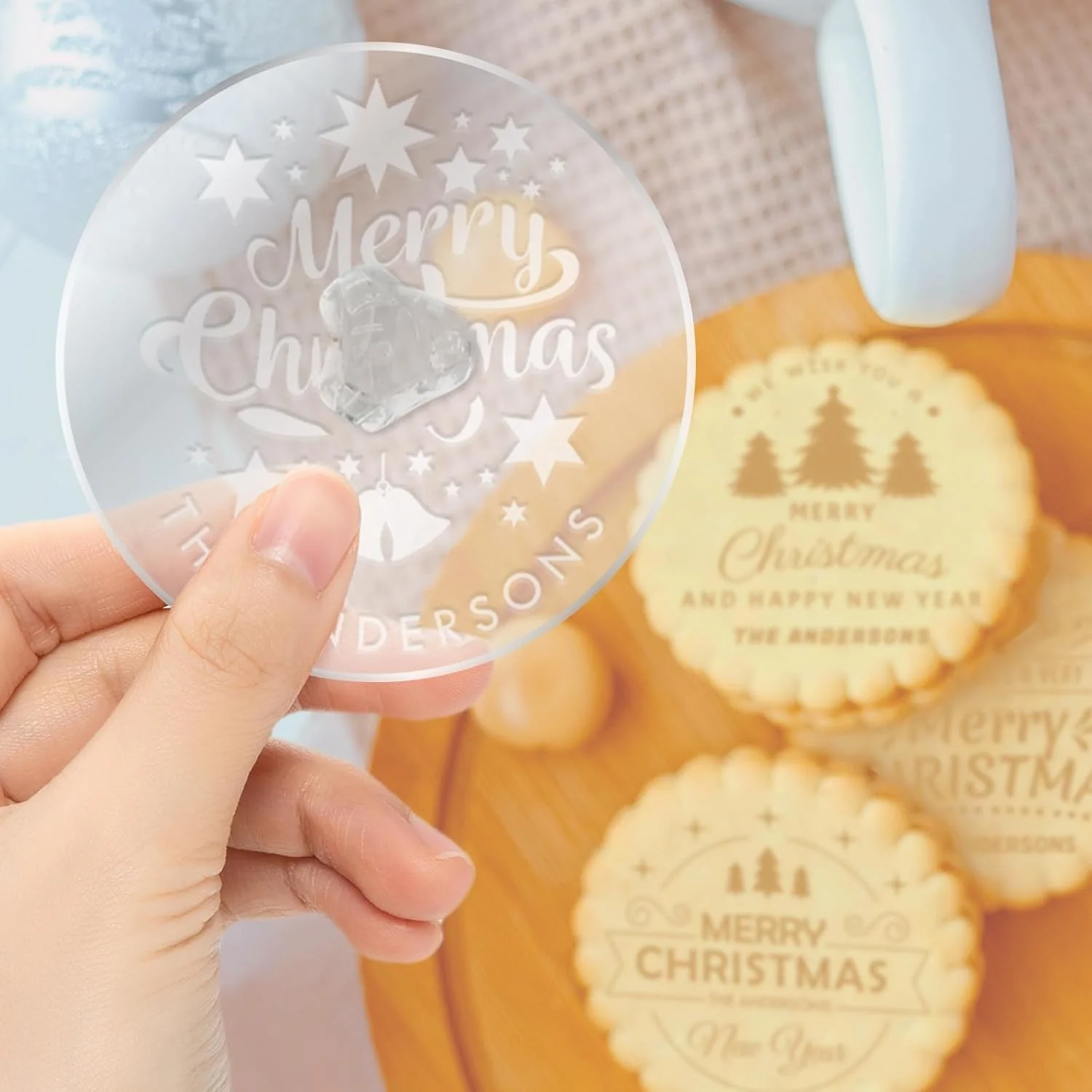 Sustainable Personalized Christmas Cookie Stamp Custom Acrylic Cookie Embossing Mold with Handle for Baking Decoration Durable