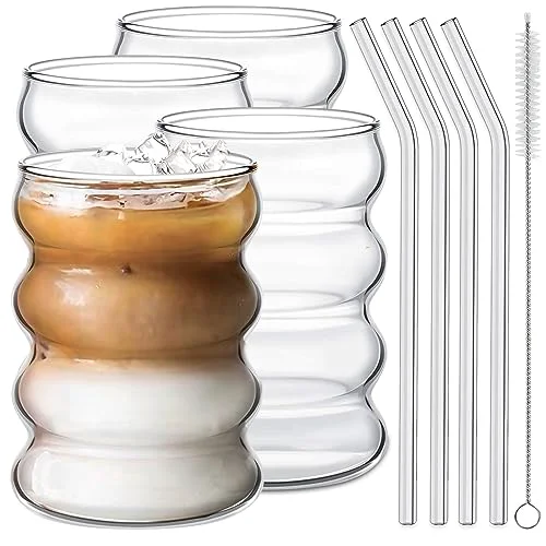 High-End 4 Pcs Drinking Glasses with Glass Straw 14oz Glassware Set 4 Count Selected