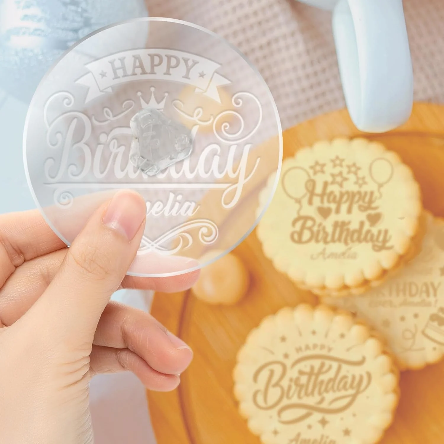 Flexible Personalized Birthday Cookie Stamp Custom Acrylic Cookie Embossing Mold with Handle for Baking Decoration Certified
