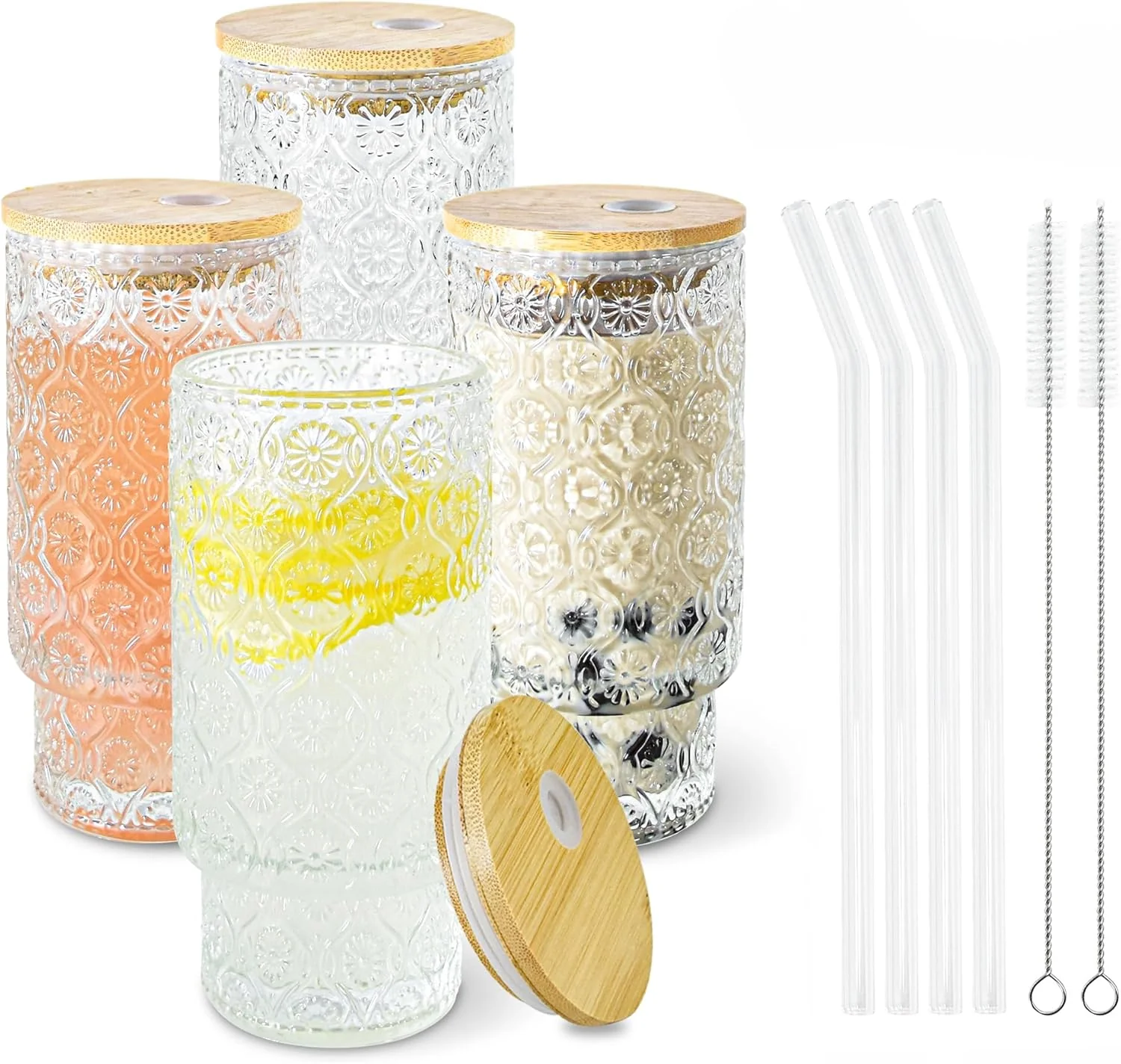 Exclusive 4 Pcs 11oz Drinking Glasses Cups Set with Bamboo Lids Straws Brush Small Embossed Glassware Set for Juice Iced Coffee Cocktail Whiskey Begonia 4 Genuine