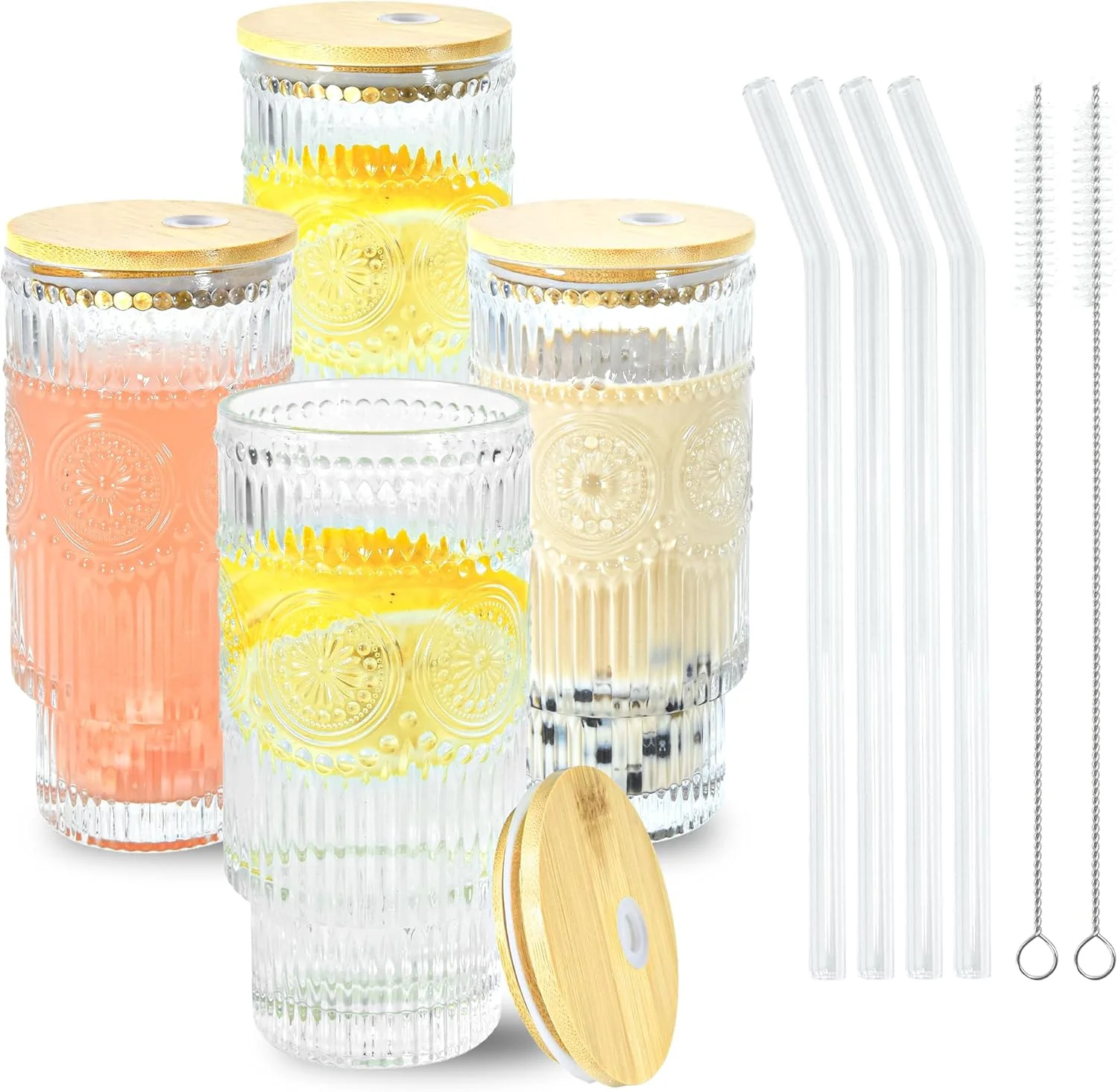 High-End 4 Pcs 11 oz Drinking Glasses Cups Set with Bamboo Lids Straws Brush Small Glassware Set for Juice Iced Coffee Cocktail Whiskey Sunflower 4 Casual