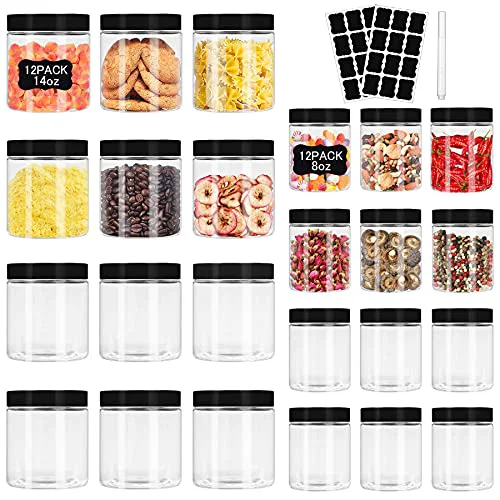 Enhanced Plastic Jars with Lids 8 oz 14 oz 24Pcs Clear Plastic Slime Storage Jars Containers with Airtight Leak Proof Black Screw On Lids Cylinder Clear Round Jar Food Grade Durable Jar 24 Count Innovative