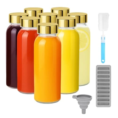 Detailed 10 oz Glass Juice Bottles with Stainless Steel Gold Lid Leak Proof 8 Count Fine