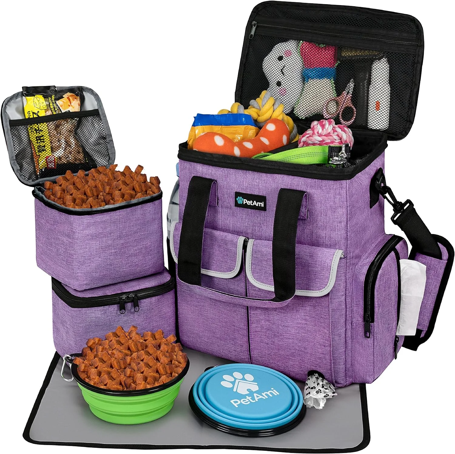 Exclusive Dog Travel Bag Pet Supplies Accessories Organizer for Traveling Camping Weekend Cat Pet Travel Bag Kit Includes 2 Food Storage Containers 2 Collapsible Bowls 1 Feeding Mat Purple Unique