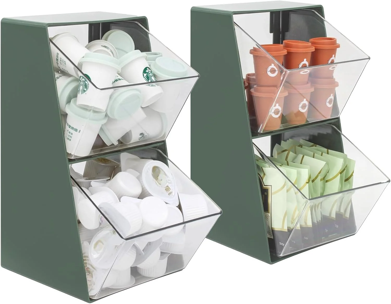 Fashionable 2 Pack Coffee Pod Holder K Cup Storage Organizer for Home Office Bar Countertop Organiser Storage Bins for Coffee Station Counter Container for Tea bag Sugar Creamer Filter Green Pure