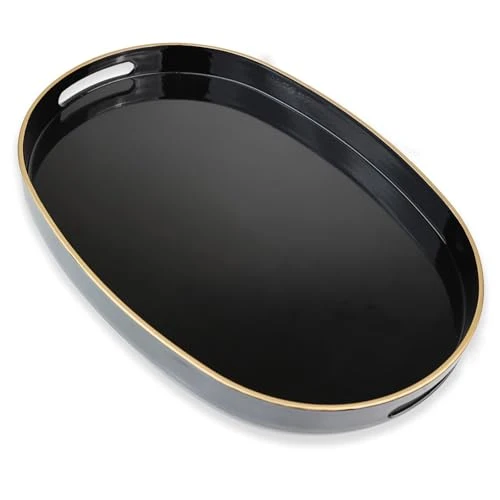 Functional Black Oval Decorative Tray with Handles Green