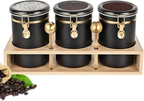 Functional 3×63OZ Stainless Steel Coffee Canister with Shelf and Scoop for Coffee Bar 80 Ounce Genuine