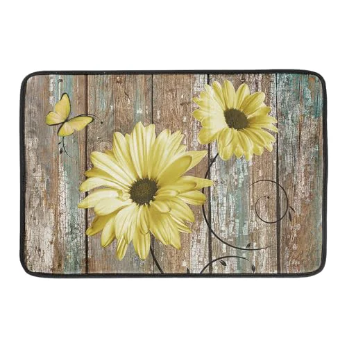 Healthy Rustic Daisy Dish Drying Mat for Kitchen Countertop 18×24 inch Yellow Sunflowers on Wooden Board Dish Drainer Mats Fast Drying Country Vintage Shabby Chic Flower Dish Drying Pad Decor Large Responsible