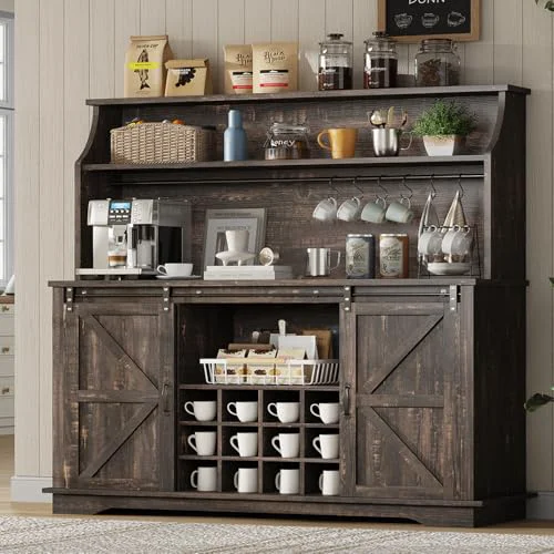 Verified 55 Farmhouse Coffee Bar Cabinet with 3 Tier Storage Hutch Dependable