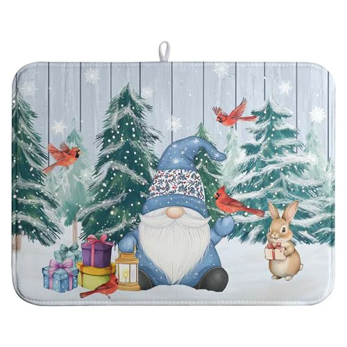 Durable Winter Gnome Dish Drying Mat Christmas Tree Snowman Large Kitchen Mats Dish Drying Pad Bird Absorbent Dish Dryer Mat for Kitchen Countertops Microfiber Drainer Pad Dish Drying Mats Advanced