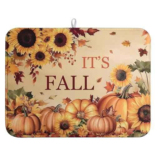 Premium Fall Orange Pumpkins Dish Drying Mat Maple Leaves Autumn Large Kitchen Mats Dish Drying Pad Absorbent Dish Dryer Mat for Kitchen Countertops Microfiber Drainer Pad Dish Drying Mats Stylish