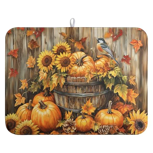 Lightweight Fall Pumpkin Dish Drying Mat Autumn Maple Leaves Thanksgiving Large Kitchen Mats Dish Drying Pad Absorbent Dish Dryer Mat for Kitchen Countertops Microfiber Drainer Pad Dish Drying Mats Natural