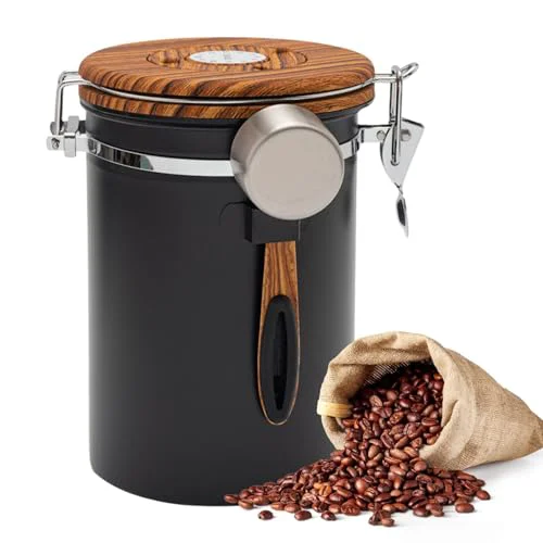 Unique Airtight Coffee Canister 1.8L with Wooden Lid Scoop Set Easy-to-Use