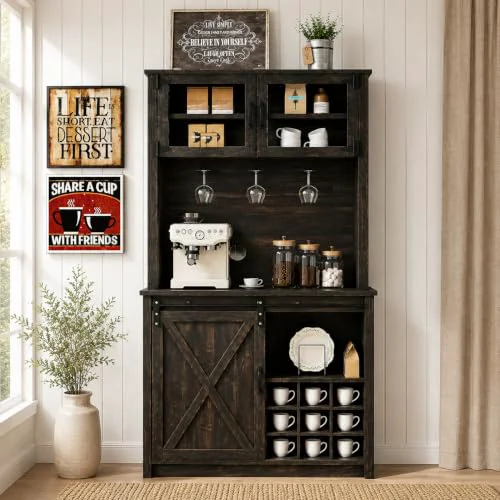 Expertly Made 72 Farmhouse Coffee Bar Cabinet with Sliding Barn Door Innovative