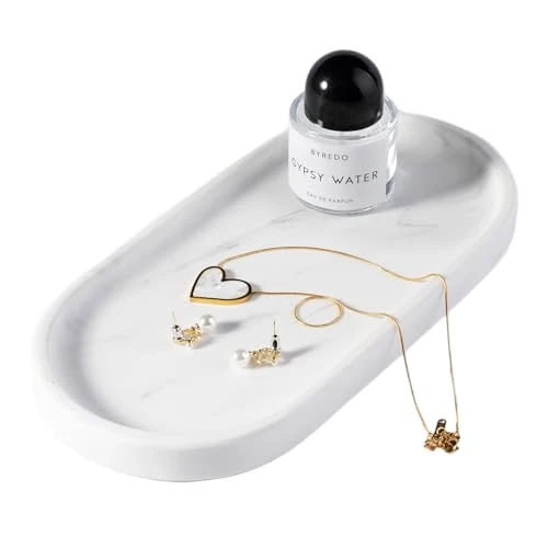 Trendy White Marble Oval Tray for Bathroom Countertop Easy-to-Use