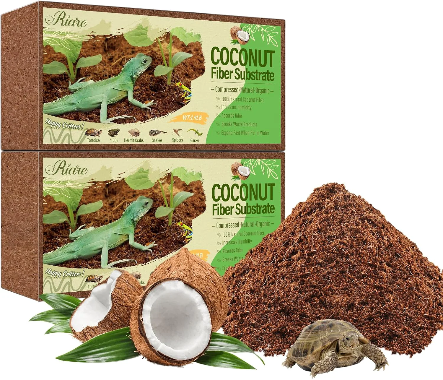 Durable Riare 2 Pack Natural Coconut Fiber Substrate for Reptile- Premium Compressed Coconut Husk Terrarium Bedding for Reptile Tortoise Frogs Snakes Hermit Crabs Burrowing Animals Environmentally Friendly