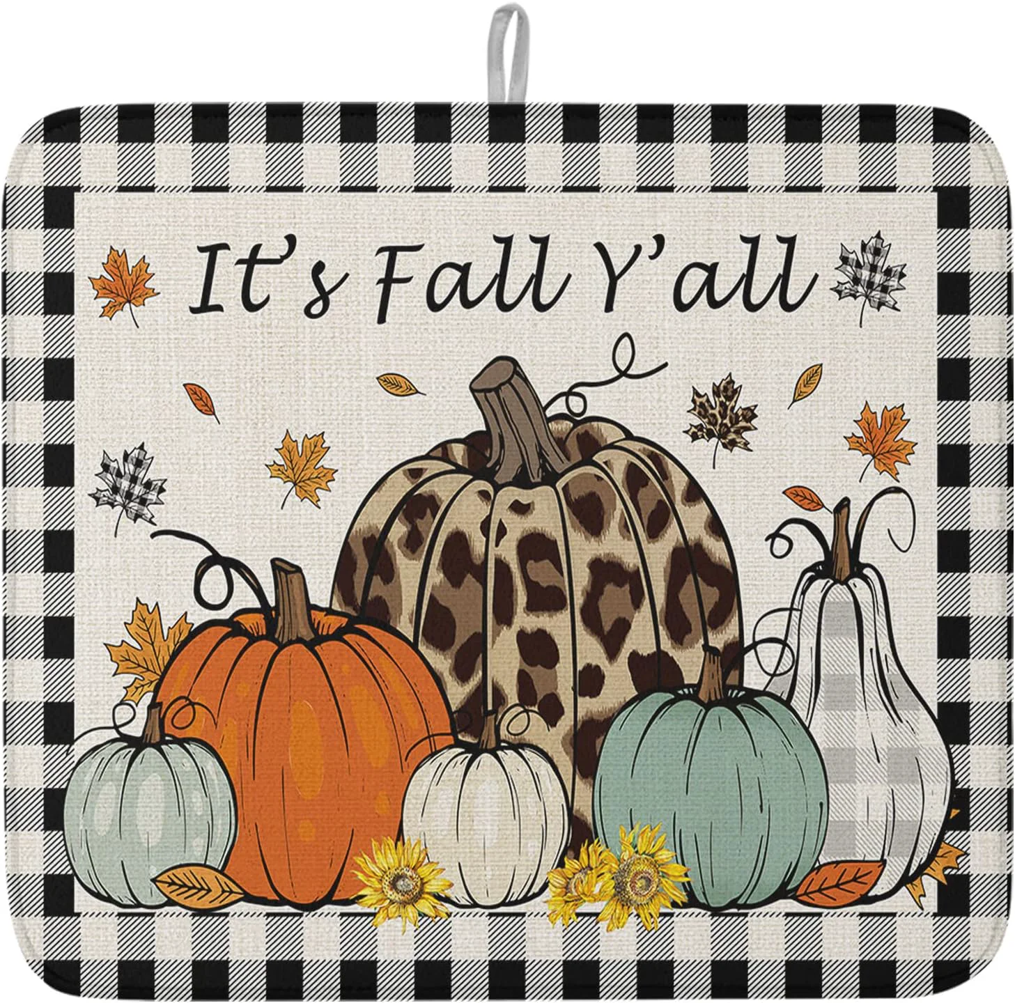 Classic Fall Dish Drying Mat for Kitchen Counter Pumpkin Drying Pad Absorbent Drying Mats for Countertops Sinks Draining Racks Maple Leaves Black Buffalo Plaid Drainer Holiday Harvest Thanksgiving Decor 16×18 Solid