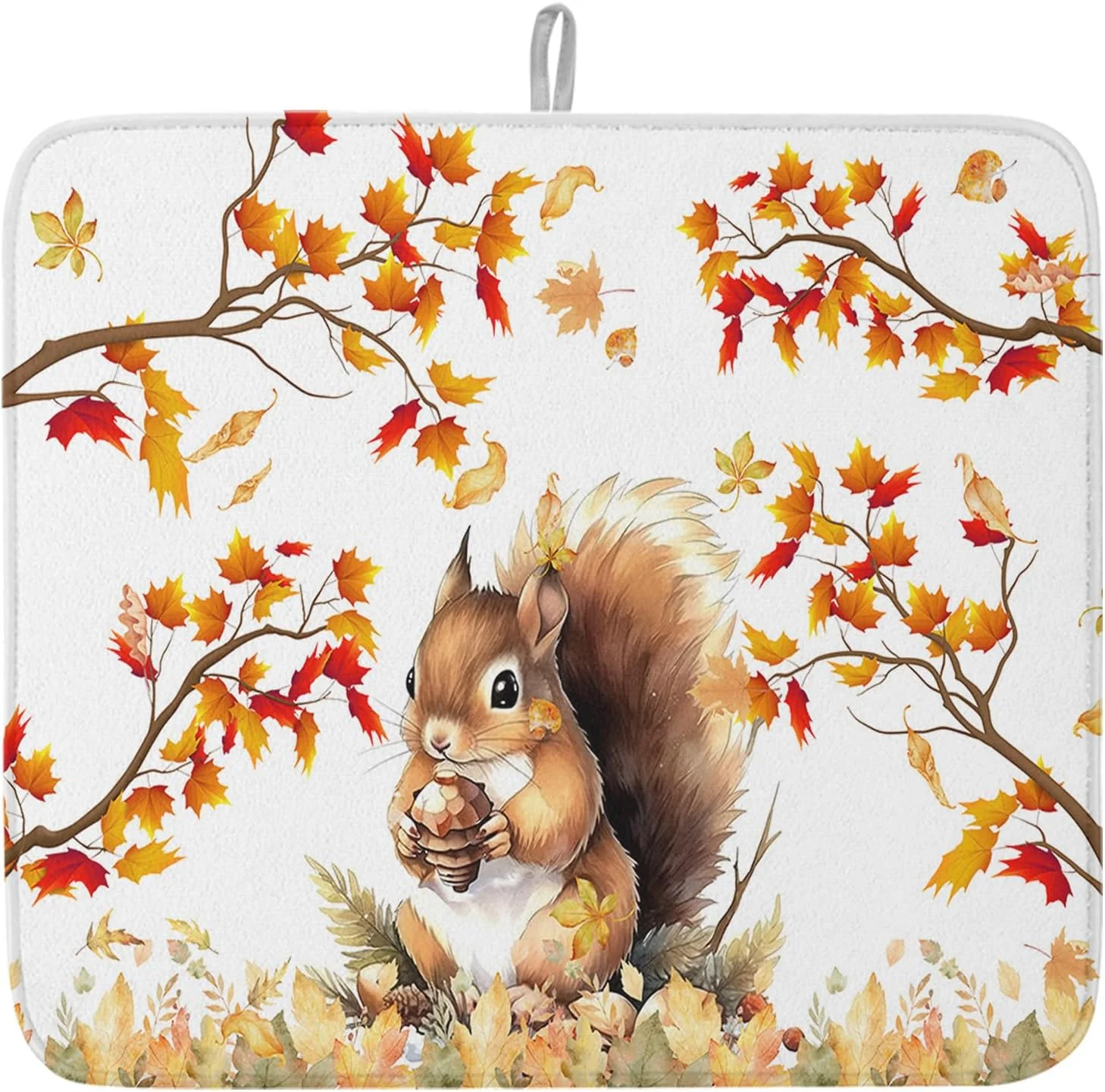 Convenient Fall Dish Drying Mat for Kitchen Counter Squirrel Drying Pad Absorbent Drying Mats for Countertops Sinks Draining Racks Pine Cone Autumn Maple Leaves Drainer Holiday Harvest Thanksgiving Decor 18×24 Proven