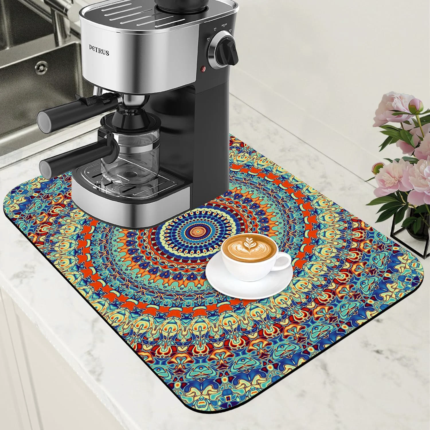 Detailed Boho Mandala Ethnic Coffee Mat Absorbent Dish Drying Mat for Kitchen Counter Hide Stain Rubber Backed Coffee Bar Accessories Fit Under Espresso Machine Dish Drainer 11.8 x 19.7 Inch Exclusive