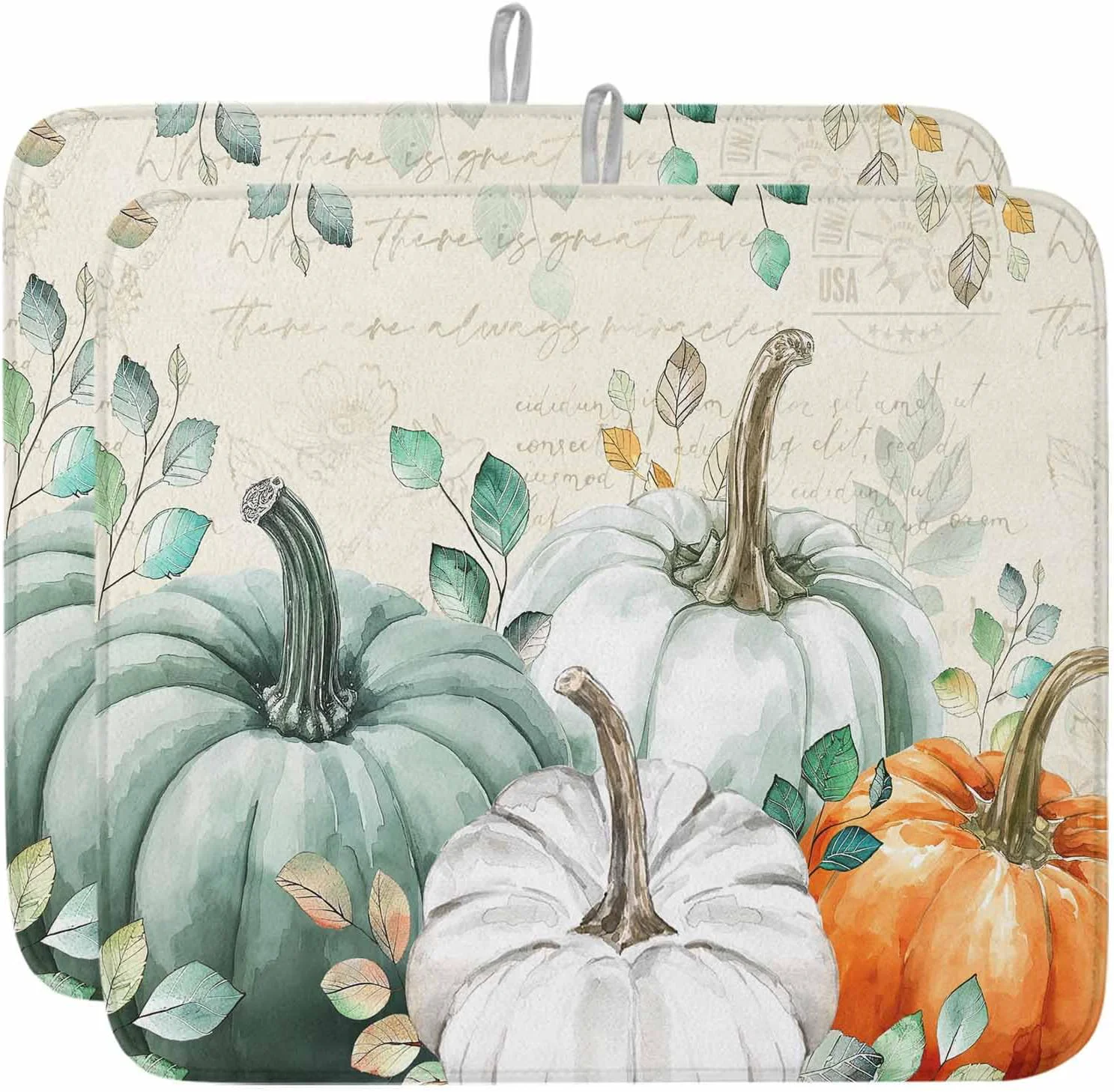 Powerful Fall Dish Drying Mat for Kitchen Counter Green Pumpkin Drying Pad Absorbent Drying Mats for Countertops Sinks Draining Racks Eucalyptus Leaves Drainer Holiday Harvest Thanksgiving Decorations 18×24 Long-Lasting