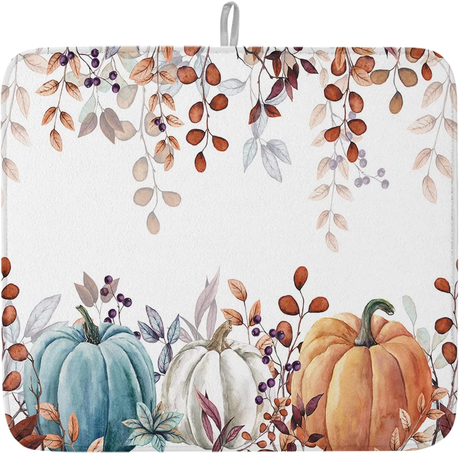 Official Fall Dish Drying Mat for Kitchen Counter Pumpkin Drying Pad Absorbent Drying Mats for Countertops Sinks Draining Racks Autumn Eucalyptus Leaves Drainer Holiday Harvest Thanksgiving Decorations 16×18 Eco-Friendly