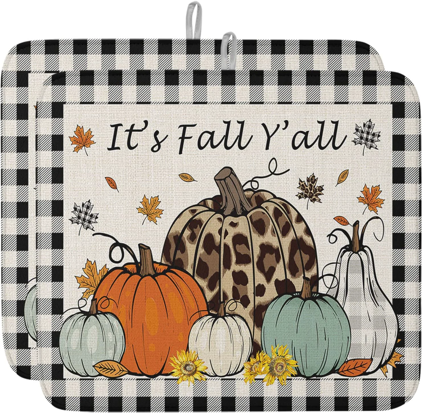 Original Fall Dish Drying Mat for Kitchen Counter Pumpkin Drying Pad Absorbent Drying Mats for Countertops Sinks Draining Racks Maple Leaves Black Buffalo Plaid Drainer Holiday Harvest Thanksgiving Decor 16×18 Elegant