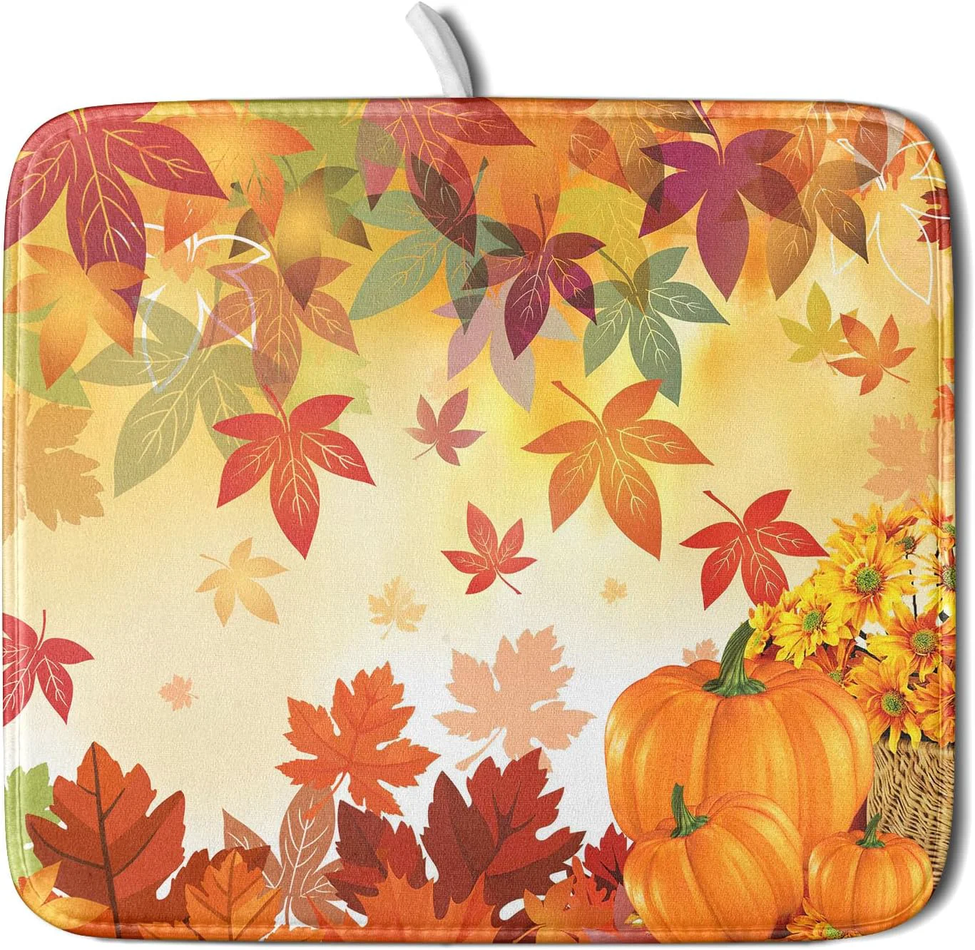 Organic Autumn Fall Dish Drying Mat for Kitchen Counter Pumpkin Maple Leaves Drying Mat 16 x 18 Inch with Absorbent Reversible Microfiber Dish Drying Pad Dish Rack Drainer Mat for Coffee Bar Recyclable