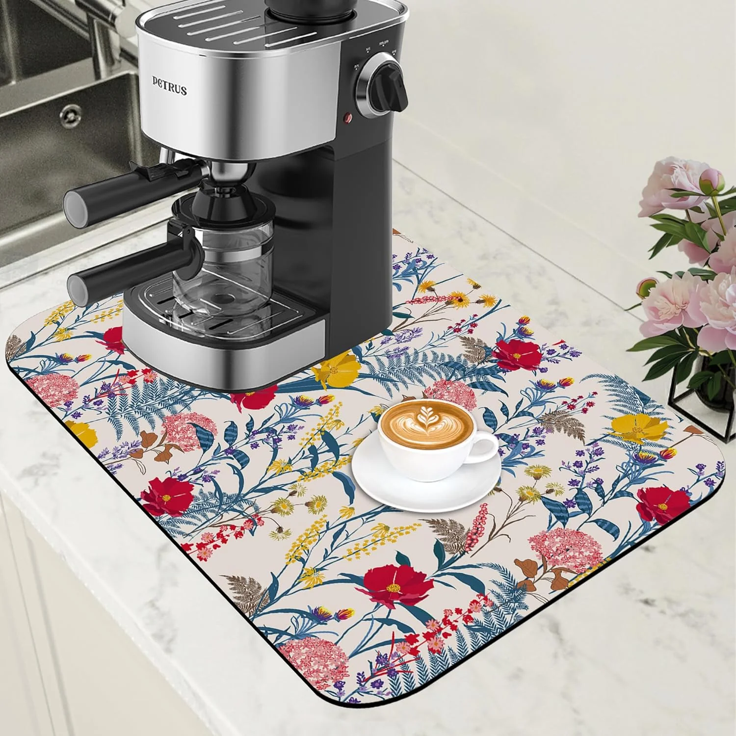 Organic Botanical Dish Drying Mat Spring Flowers Coffee Bar Mat for Countertop Absorbent Rubber Backed Hide Stain Dish Drainer Rack Pad Espresso Machine Cafe Table Dining Room Decor 11.8 x 19.7 Inch Dependable