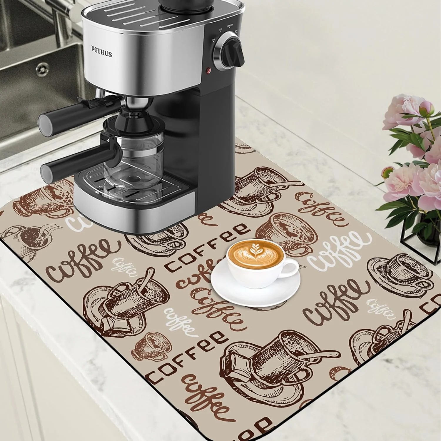 Artisan Coffee Cup Dish Drying Mat Cute Doodle Coffee Bar Mat for Countertop Absorbent Rubber Backed Hide Stain Dish Drainer Rack Pad Espresso Machine Dining Room Decoration 15.7 x 23.6 Inch Top-Quality