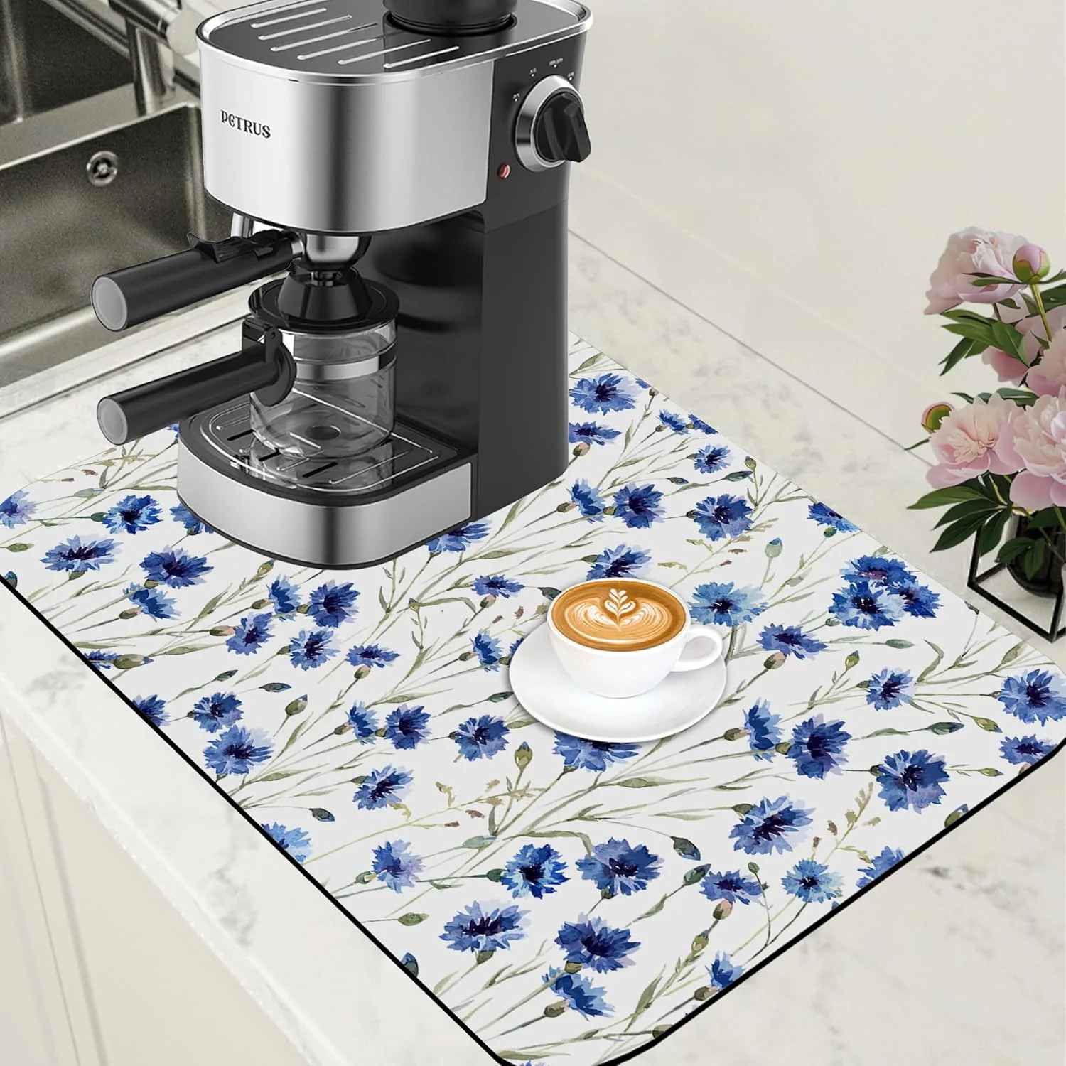 First-Class Watercolor Blue Cornflower Dish Drying Mat for Kitchen Counter Floral Coffee Bar Mat Hide Stain Absorbent Rubber Backed Drying Rack Pad Espresso Machine Coffee Bar Accessories 15.7 x 23.6 Inch Eco-Friendly