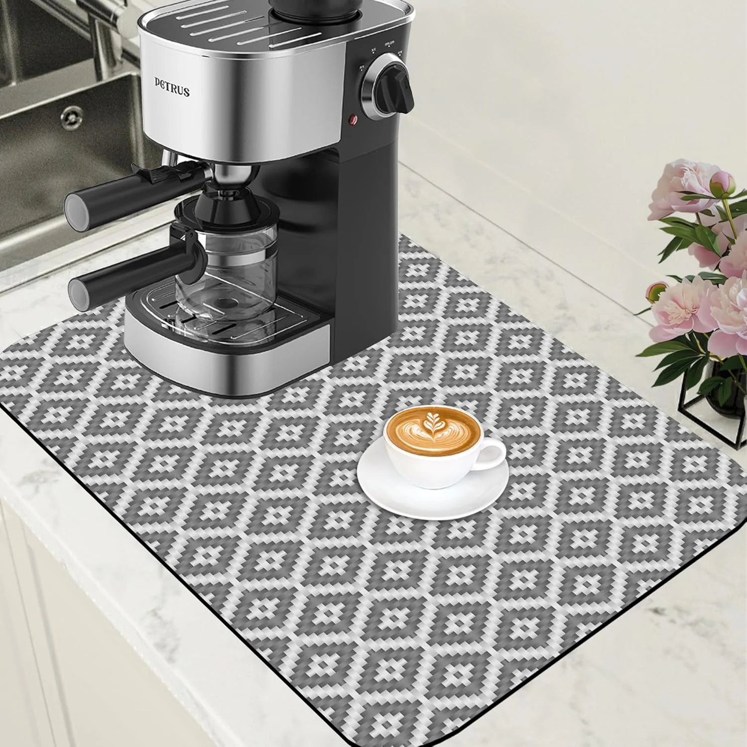Contemporary Ethnic Geometric Dish Drying Mat for Kitchen Counter Coffee Bar Mat Hide Stain Absorbent Rubber Backed Dish Drainer Rack Pad Coffee Maker Espresso Machine Table Accessories 15.7 x 23.6 Inch Fashionable