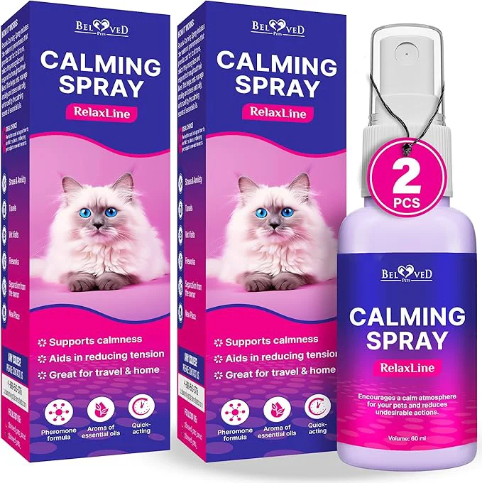 Efficient Calming Pheromone Spray Scratch Repellent for Cats – Reduces Scratching Furniture Pee – During Travel Fireworks Thunder Vet Zone – Helps with Stress Fighting Hiding 60 ml 2 pack About This Selected