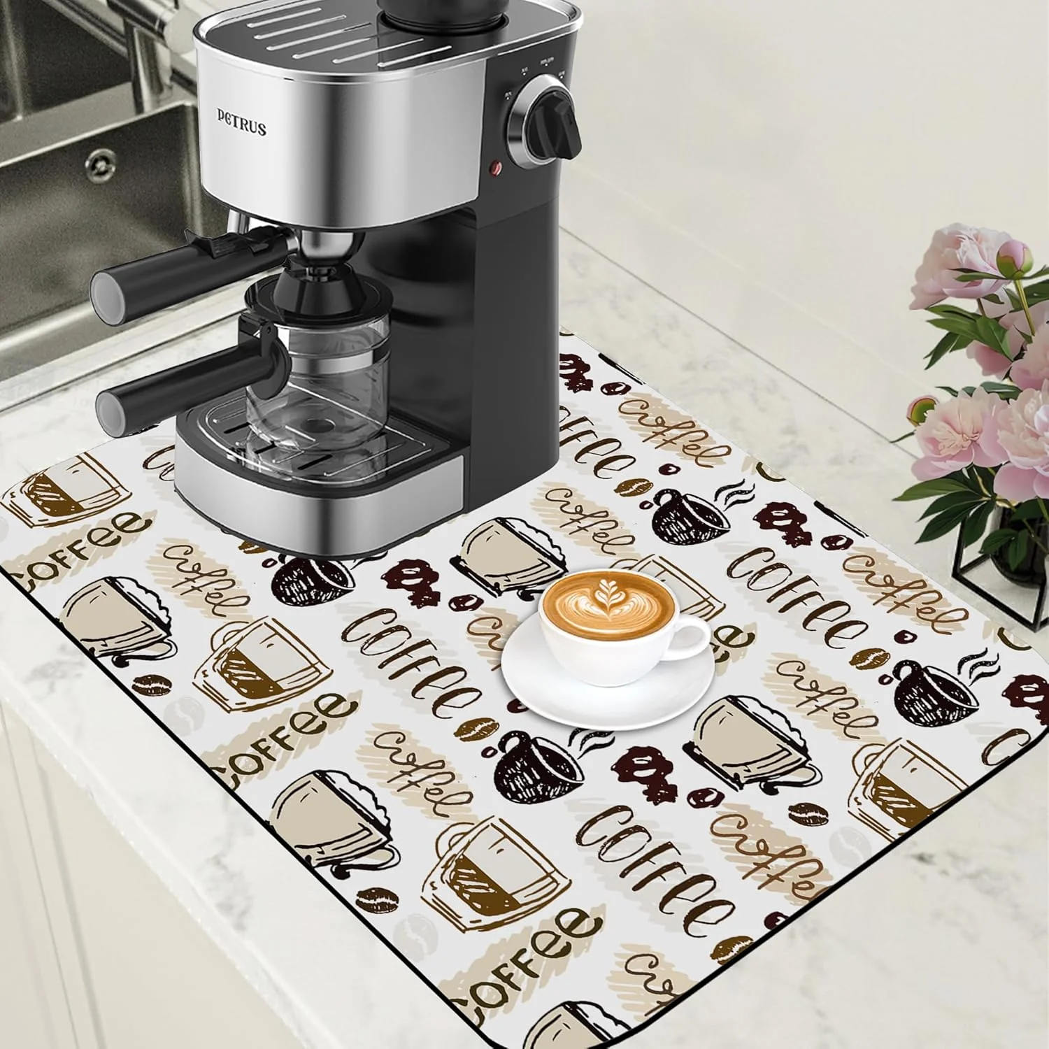 High-End Coffee Cute Doodle Dish Drying Mat for Kitchen Counter Coffee Mat Hide Stain Absorbent Rubber Backed Drying Rack Pad Espresso Machine Cafe Table Accessories 15.7 x 23.6 Inch Exclusive