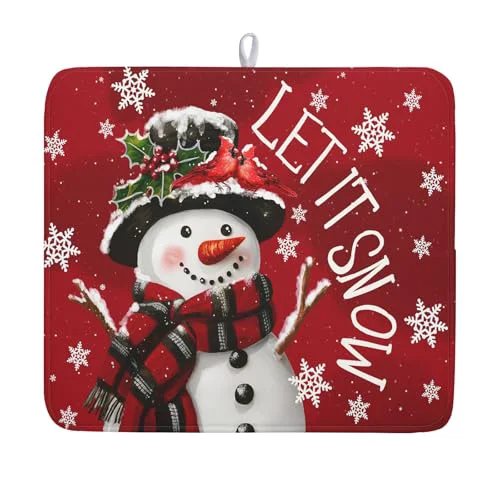 Elite Merry Christmas Dish Drying Mat for Kitchen Counter 16×18 Inch Winter Snowman Dish Draining Mat Xmas Snowflakes Decorations Fast Absorbent Tableware Cardinal Birld Dishes Pad for Coffee Bar Countertop Lightweight