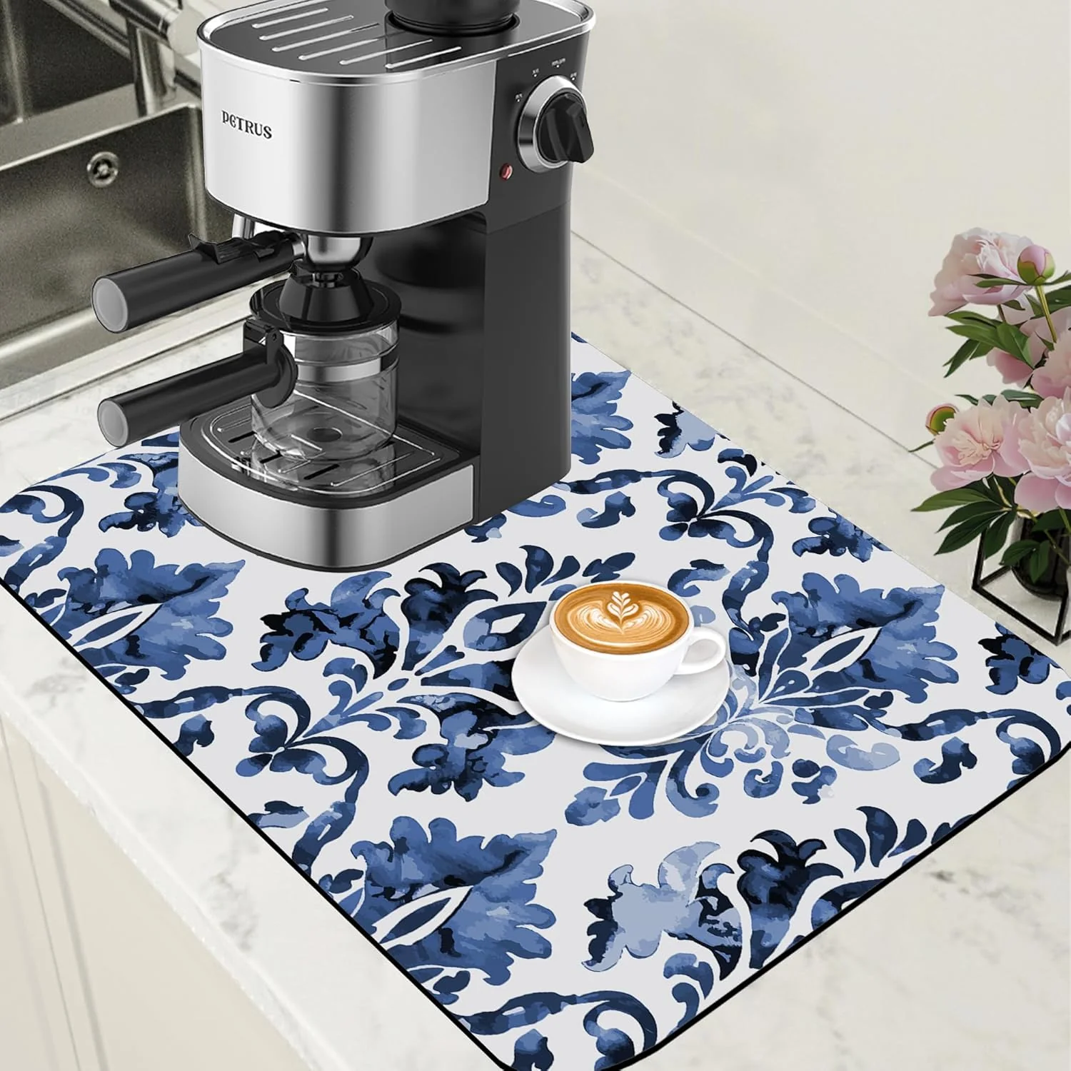 Green Blue Damask Flower Dish Drying Mat for Kitchen Counter Coffee Bar Mat Hide Stain Absorbent Rubber Backed Drying Rack Pad Espresso Machine Coffee Bar Accessories 15.7 x 23.6 Inch Trendy