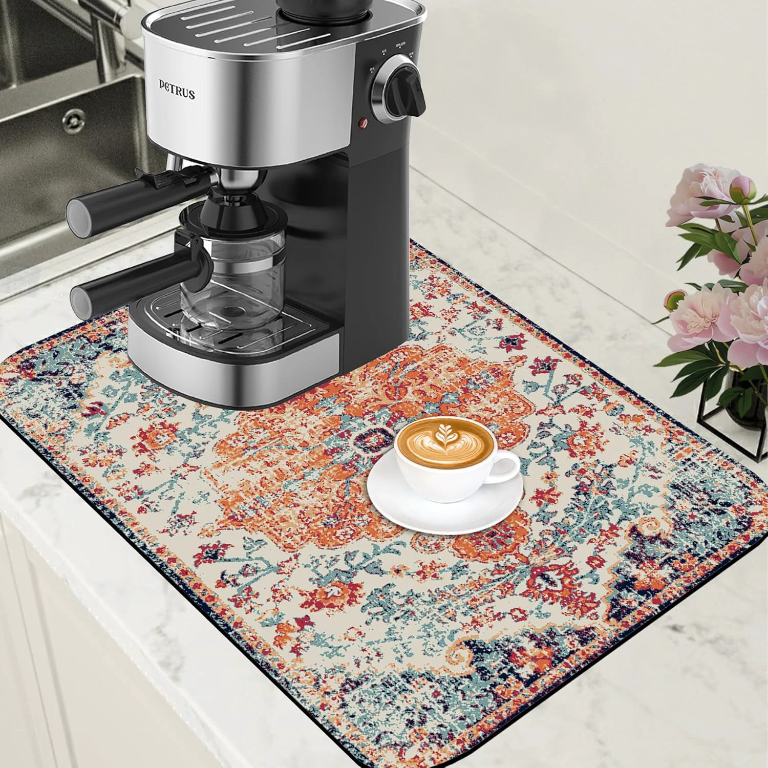 Excellent Persian Vintage Boho Carpet Coffee Mat Dish Drying Mat for Kitchen Counter Absorbent Hide Stain Rubber Backed Coffee Bar Accessories Fit Under Espresso Machine Dish Drainer 15.7 x 23.6 Inch Elegant