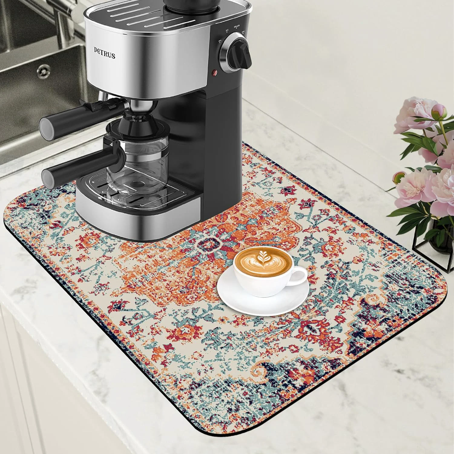 Reliable Persian Vintage Boho Carpet Coffee Mat Dish Drying Mat for Kitchen Counter Absorbent Hide Stain Rubber Backed Coffee Bar Accessories Fit Under Espresso Machine Dish Drainer 11.8 x 19.7 Inch Consistent