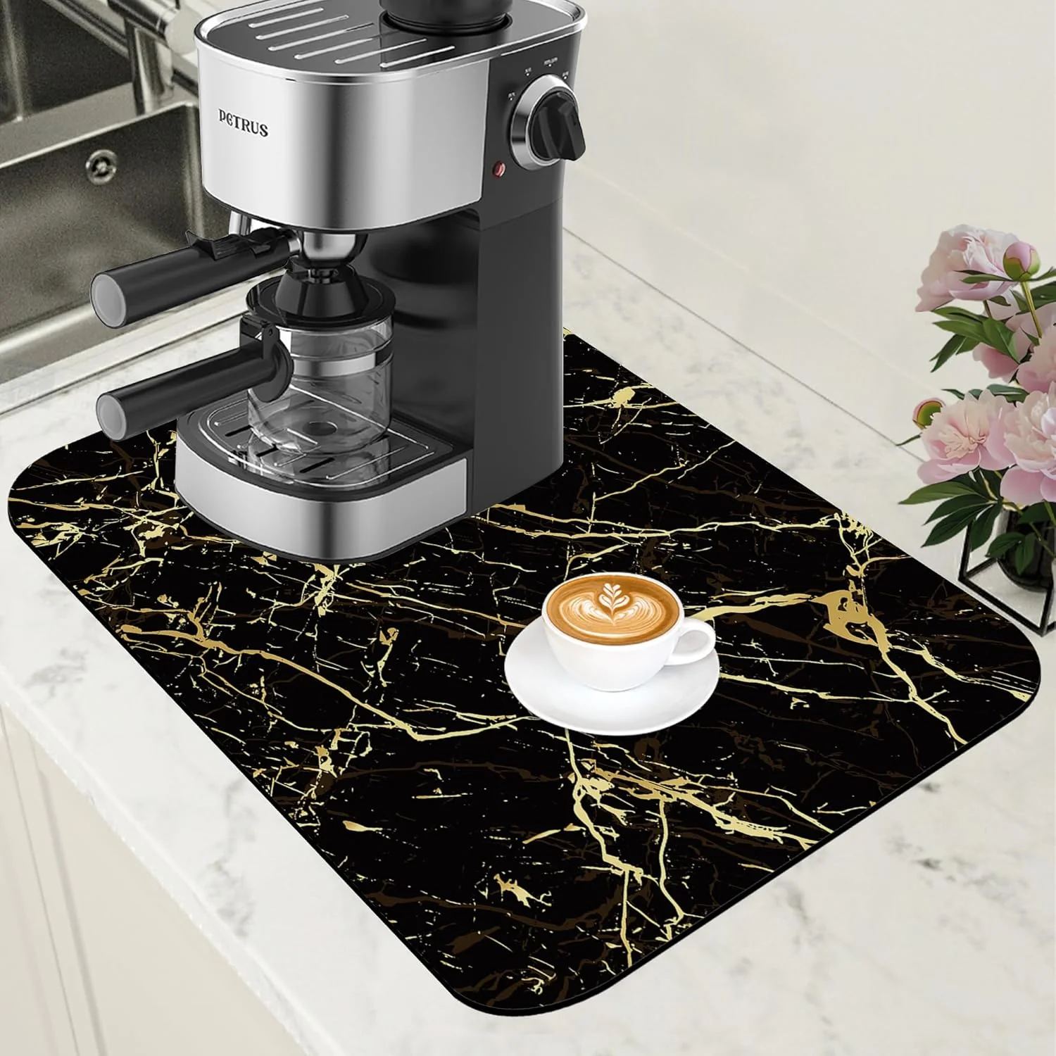 Modern Dish Drying Mat Black and Gold Marble Coffee Bar Mat for Countertop Absorbent Rubber Backed Hide Stain Dish Drainer Rack Pad Coffee Maker Espresso Machine Dining Room Decoration 11.8 x 19.7 Inch User-Friendly
