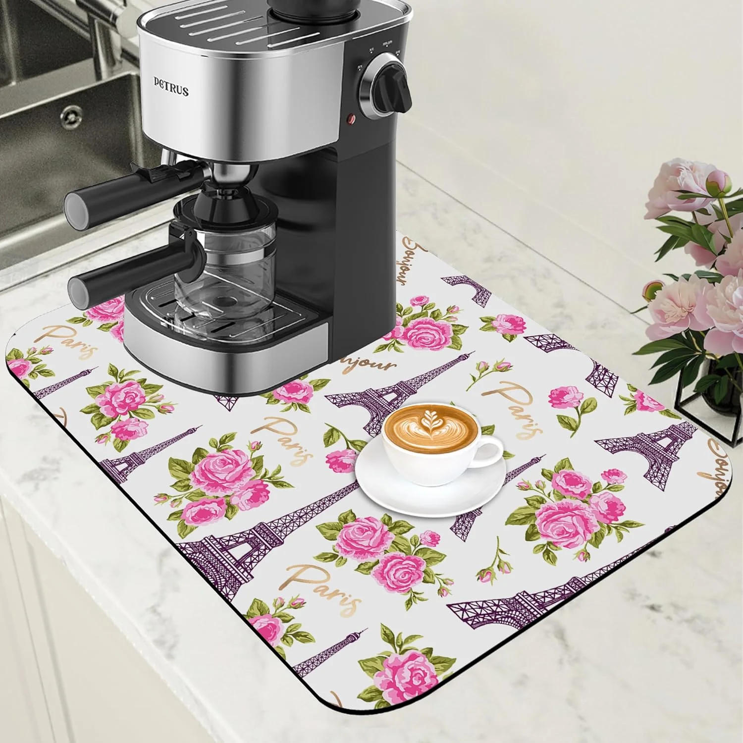 Convenient Eiffel Tower with Pink Rose Coffee Mat Absorbent Dish Drying Mat for Kitchen Counter Hide Stain Rubber Backed Coffee Bar Accessories Fit Under Espresso Machine Dish Drainer 11.8 x 19.7 Inch Trusted