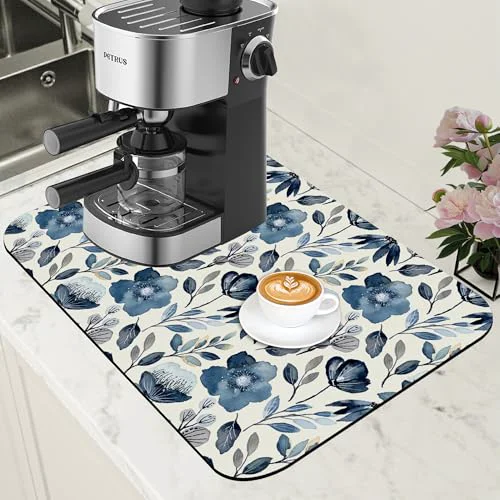 Verified Blue Flowers Dish Drying Mat for Kitchen Counter Coffee Mat Hide Stain Absorbent Dish Drainer Rack Pad with Non Top-Quality