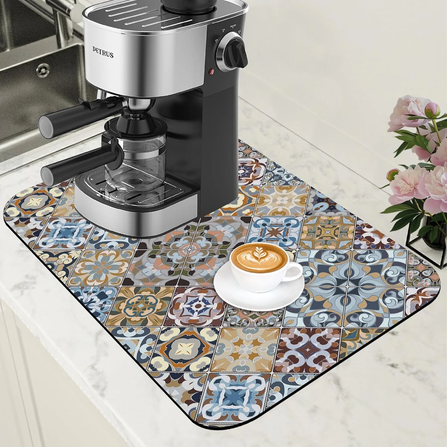Selected Retro Colorful Tiles Dish Drying Mat for Kitchen Counter Floral Coffee Mat Hide Stain Absorbent Drying Rack Pad with Rubber Backed Espresso Machine Coffee Bar Accessories 11.8 x 19.7 Inch Contemporary