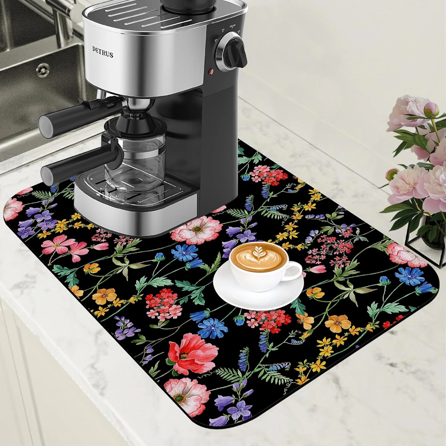 Sustainable Beautiful Flowers Dish Drying Mat for Kitchen Counter Coffee Bar Mat Hide Stain Absorbent Rubber Backed Coffee Mat Coffee Maker Espresso Machine Coffee Bar Accessories 11.8 x 19.7 Inch Efficient