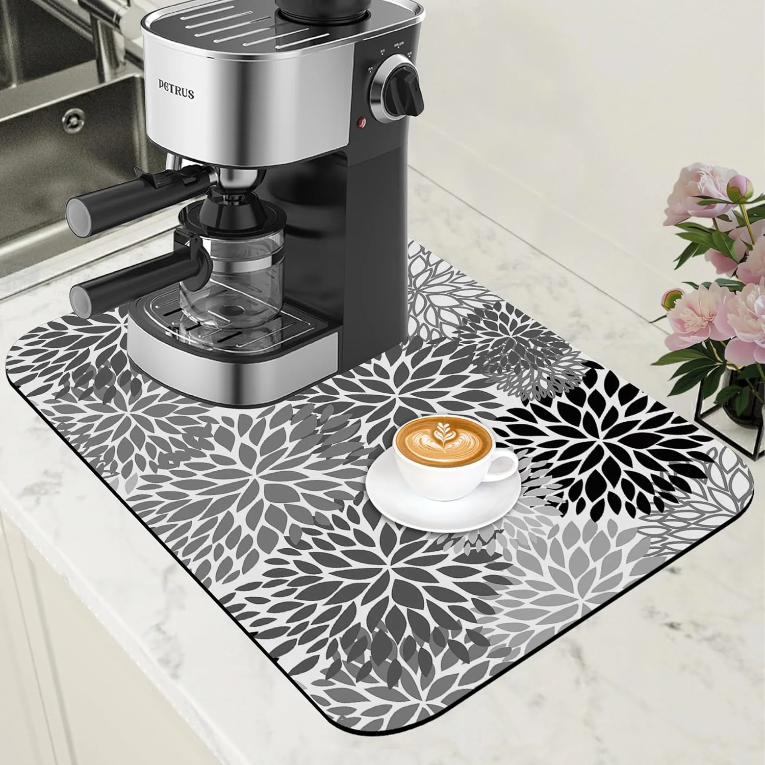 Minimalist Dish Drying Mat Black and White Chrysanthemum Flower Coffee Bar Mat Absorbent Coffee Mat Rubber Backed Hide Stain Dish Drainer Rack Mat Coffee Maker Coffee Pot Dining Room Decoration 11.8 x 19.7 Inch Next-Generation