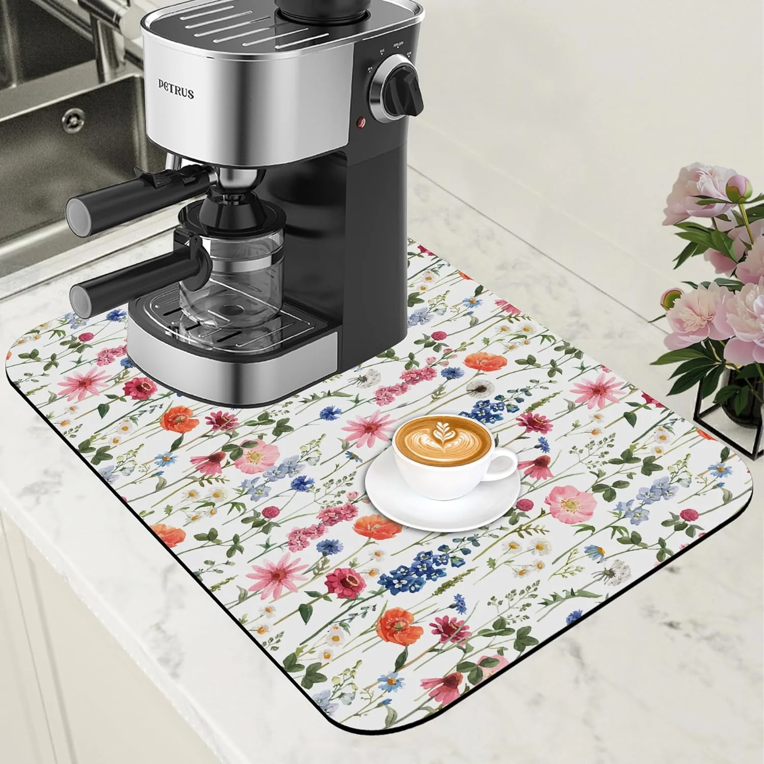 Enhanced Watercolor Flowers Coffee Mat Absorbent Dish Drying Mat for Kitchen Counter Hide Stain Rubber Backed Coffee Bar Accessories Fit Under Espresso Machine Dish Rack 11.8 x 19.7 Inch Sophisticated