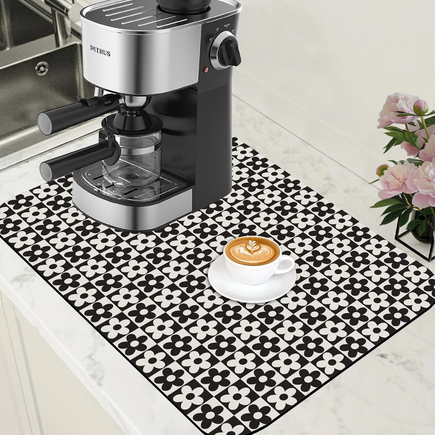 Soft Black and White Checkered Flower Dish Drying Mat for Kitchen Counter Absorbent Coffee Mat Hide Stain Rubber Backed Drying Rack Pad Espresso Machine Coffee Bar Accessories 15.7 x 23.6 Inch Proven