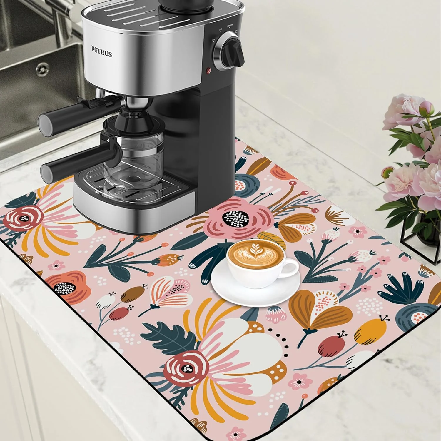 Classic Dish Drying Mat Pink Flowers Berries Leaves Coffee Bar Mat for Countertop Absorbent Hide Stain Rubber Backed Dish Drainer Rack Pad Espresso Machine Dining Room Decor 15.7 x 23.6 Inch Trusted