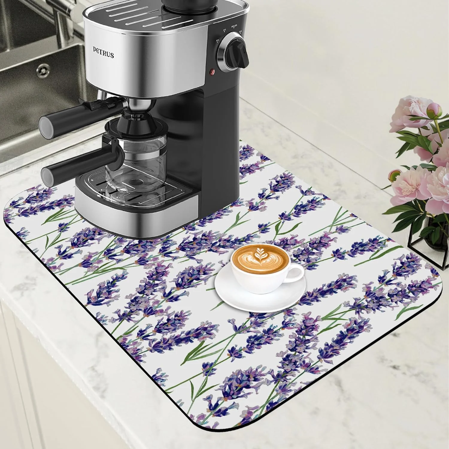 Exclusive Dish Drying Mat Lavender Flowers Coffee Bar Mat for Countertop Absorbent Rubber Backed Hide Stain Dish Drainer Rack Pad Espresso Machine Cafe Table Dining Room Decoration 11.8 x 19.7 Inch Elegant