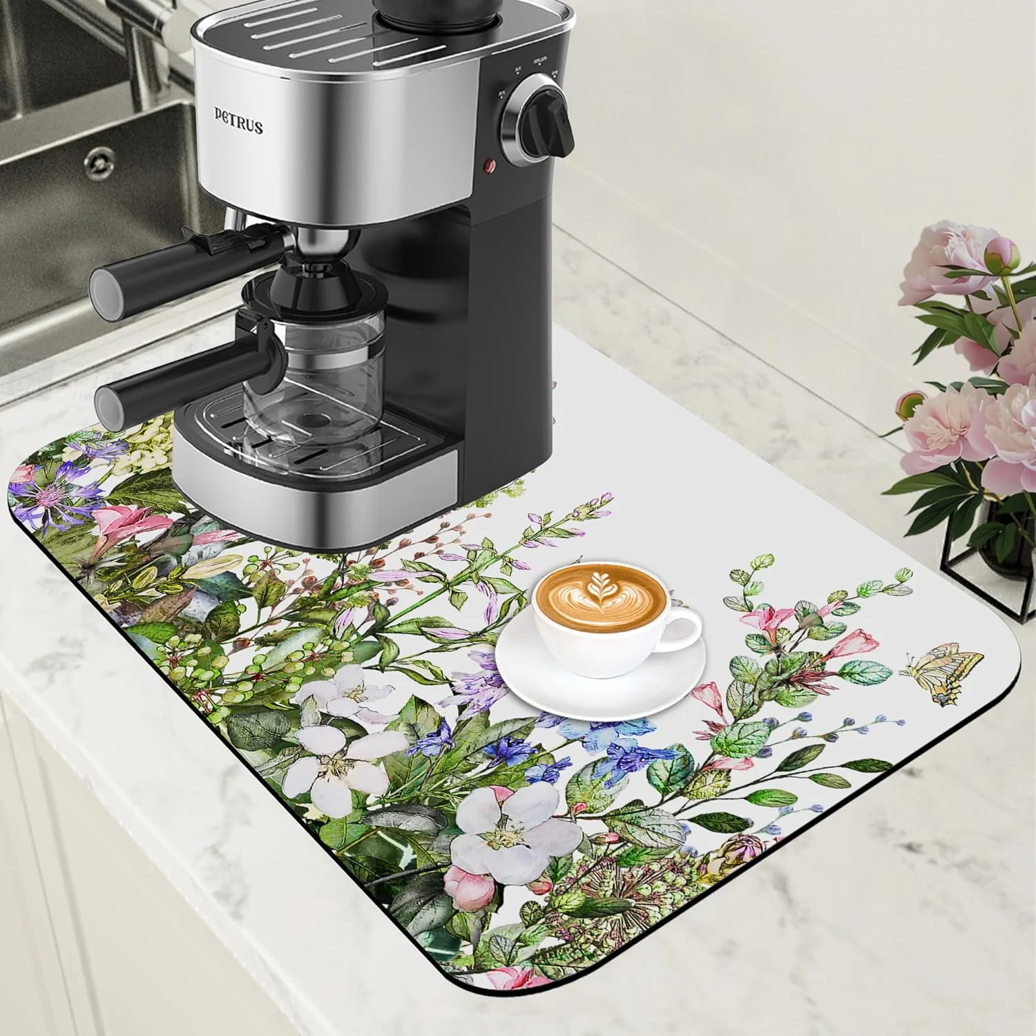 Selected Watercolor Flower and Butterfly Dish Drying Mat for Kitchen Counter Absorbent Coffee Mat with Hide Stain Rubber Backed Espresso Machine Coffee Bar Accessories 11.8 x 19.7 Inch User-Friendly